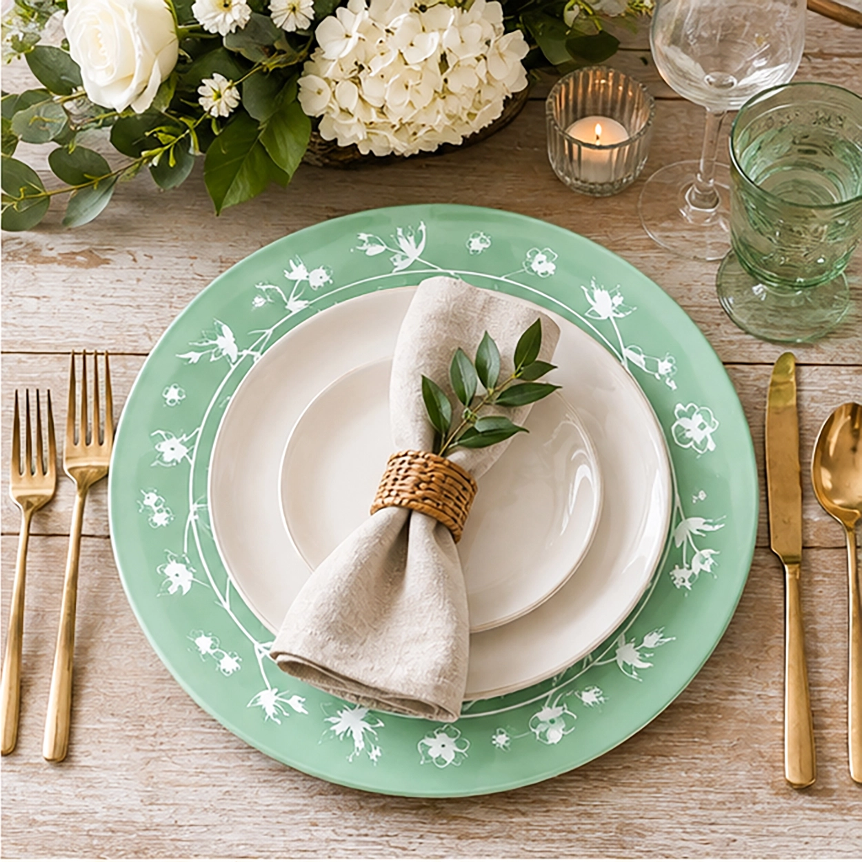 aria seafoam green charger plate in wedding reception tablescape