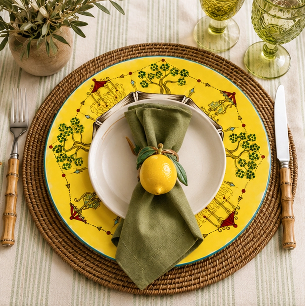 asian garden charger plate in fine dining setting