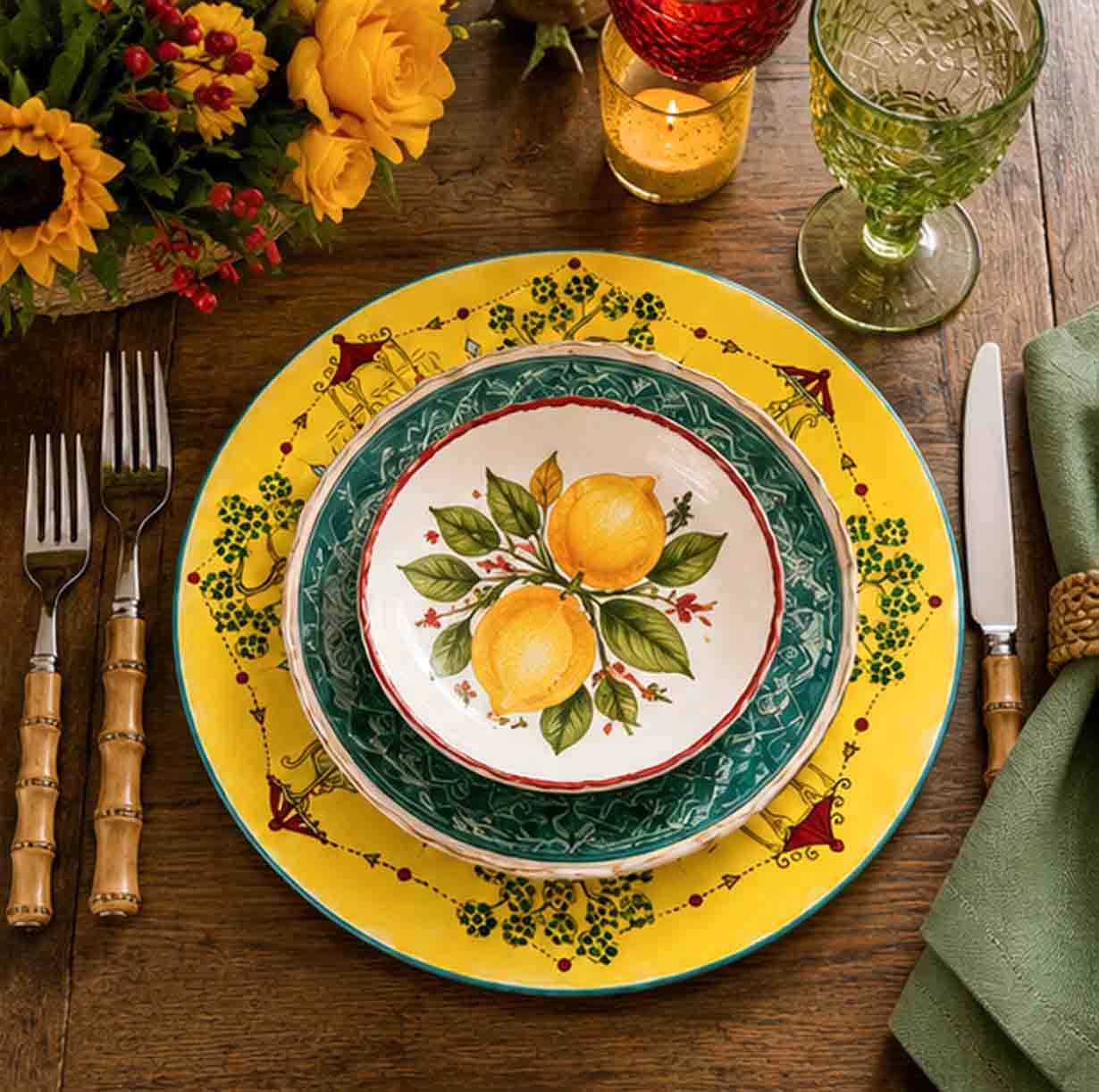 asian garden charger plate in rustic tablescape