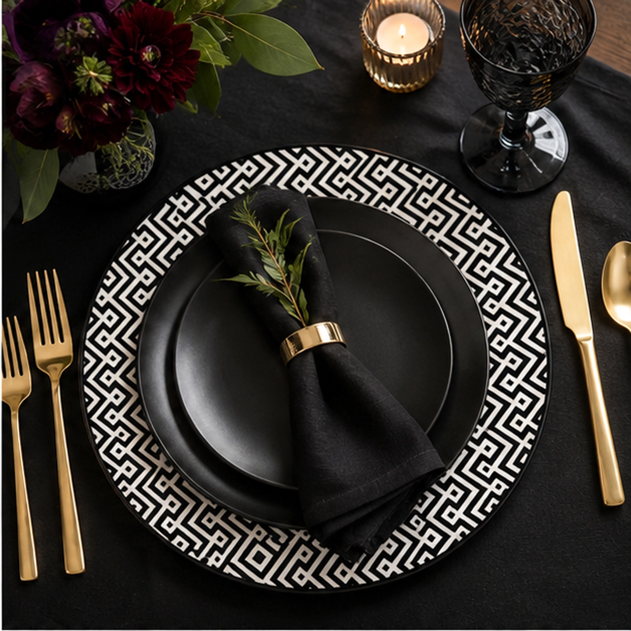 aztec charger plate in black theme tablescape