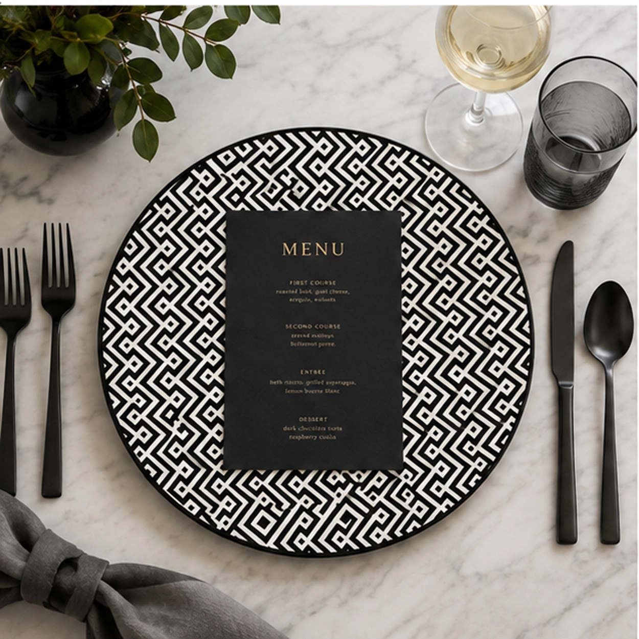 aztec charger plate in an elegant dining setting