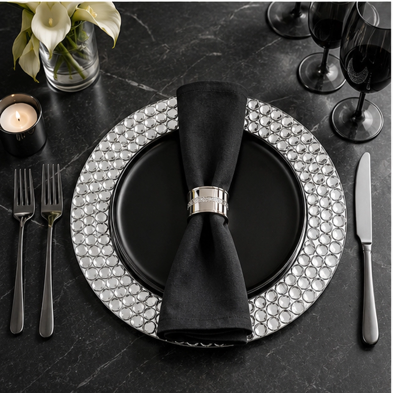 beaded mirror charger plate in fine dining setting