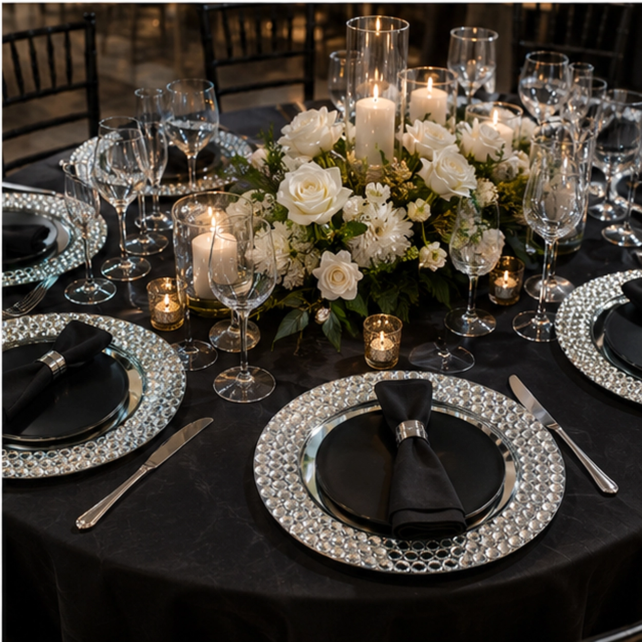 beaded mirror charger plate in formal event tablescape