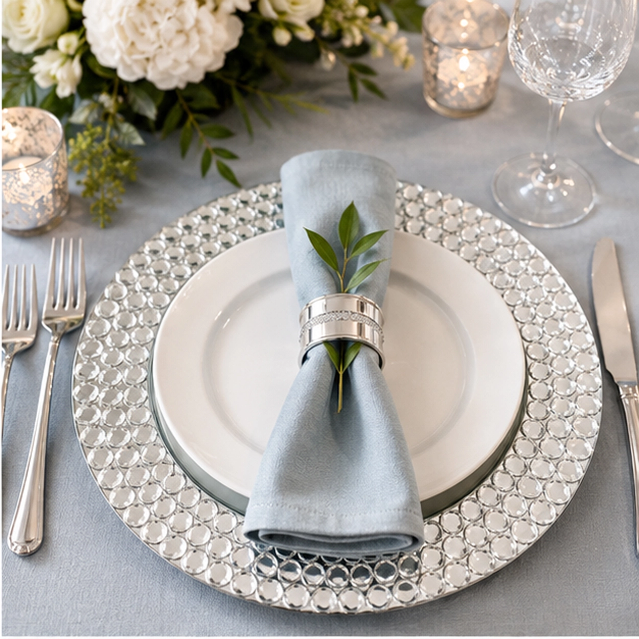 beaded mirror charger plate in wedding reception tablescape