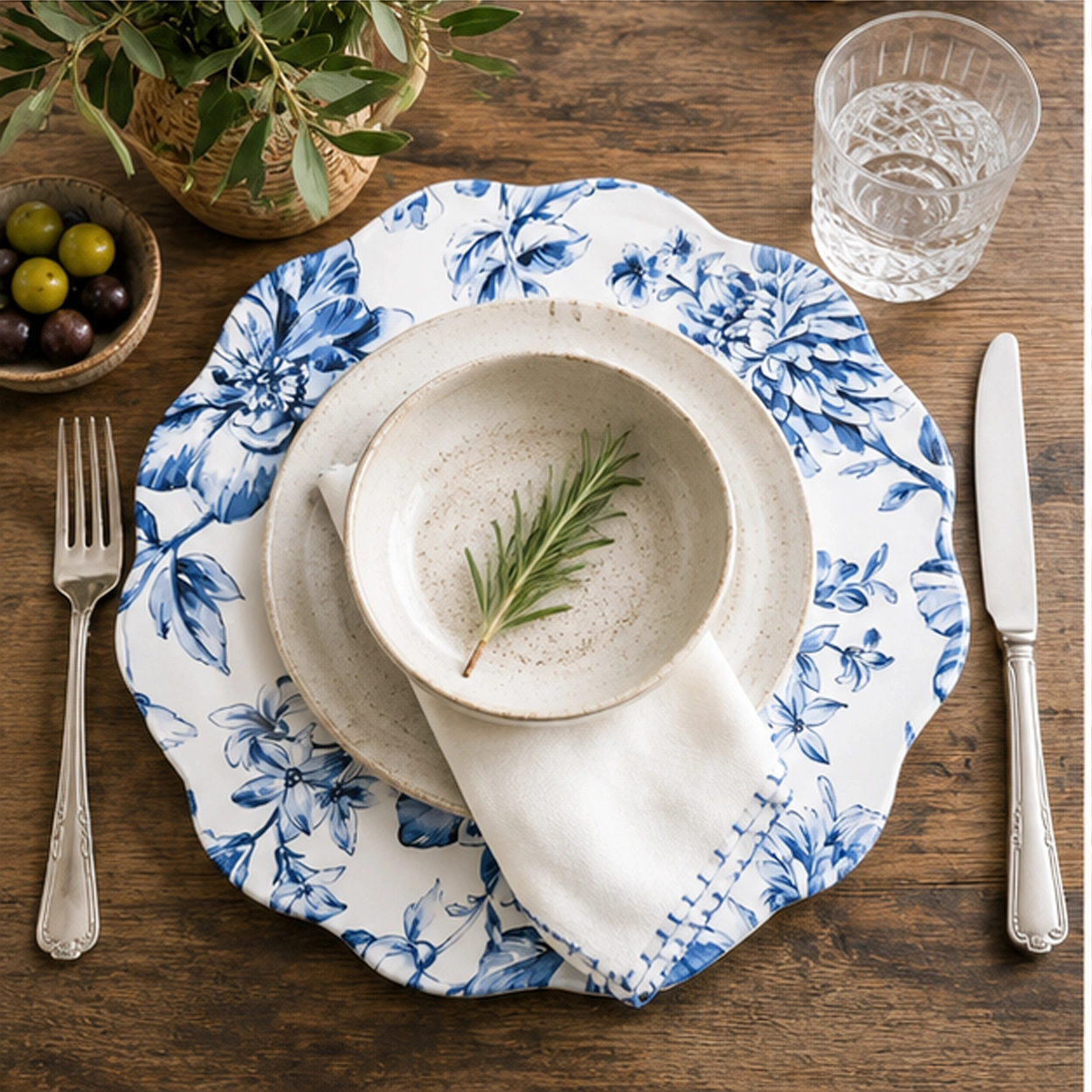 blauw charger plate in a fine dining setting