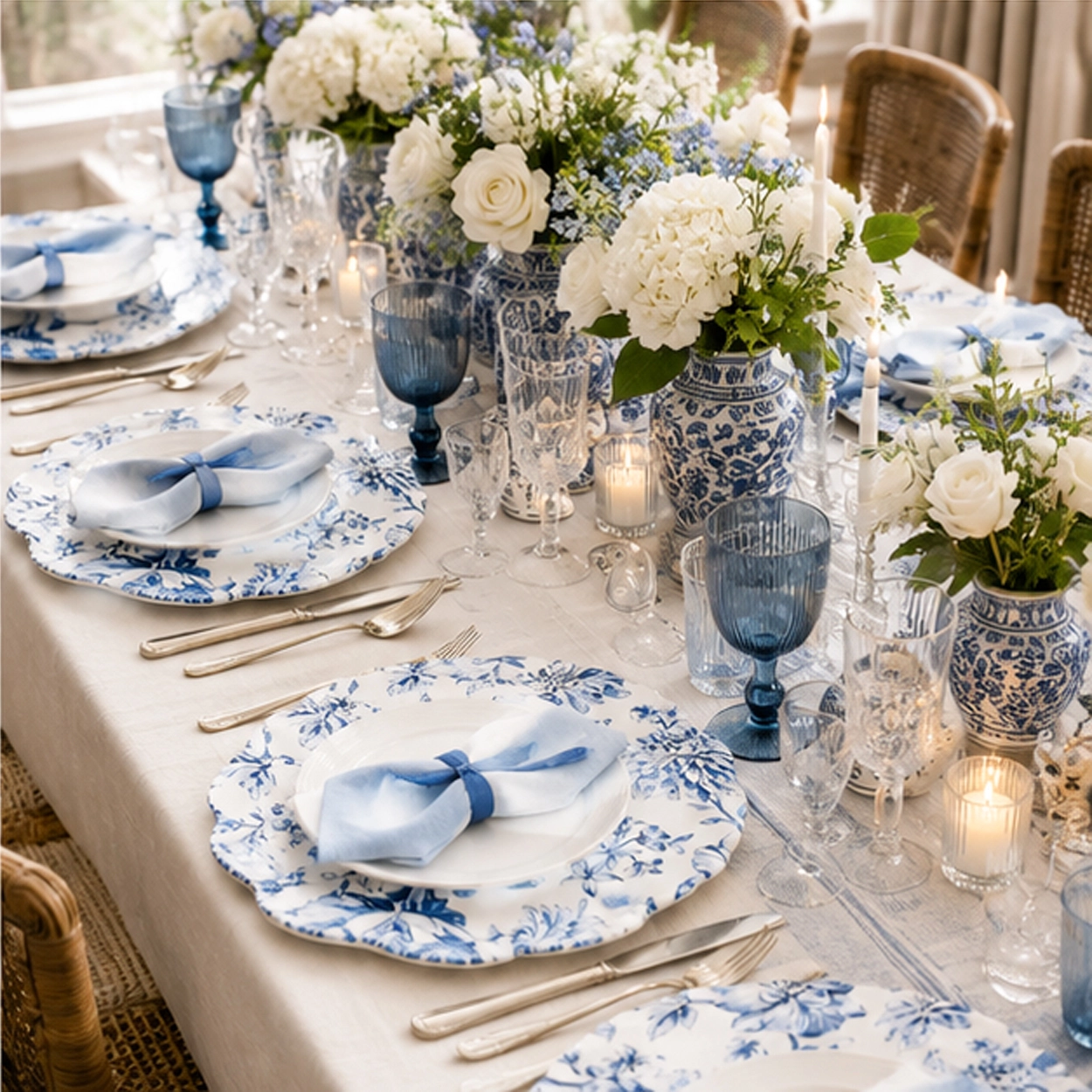 blauw charger plate in a formal event tablescape