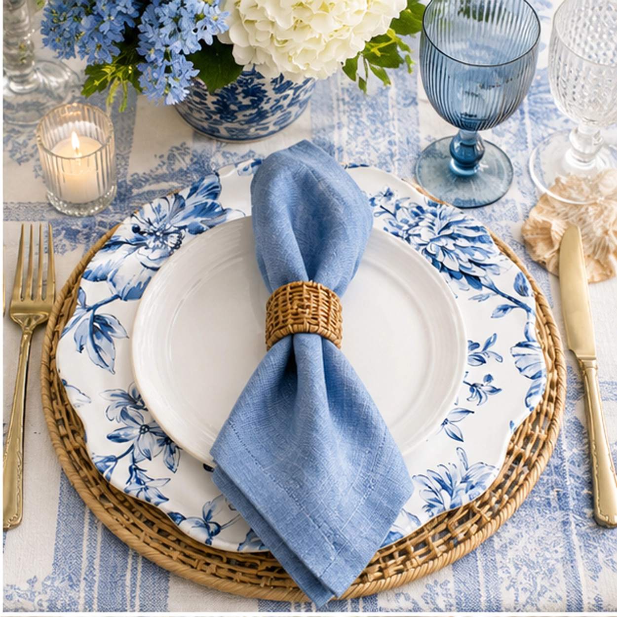 blauw charger plate in a wedding reception tablescape