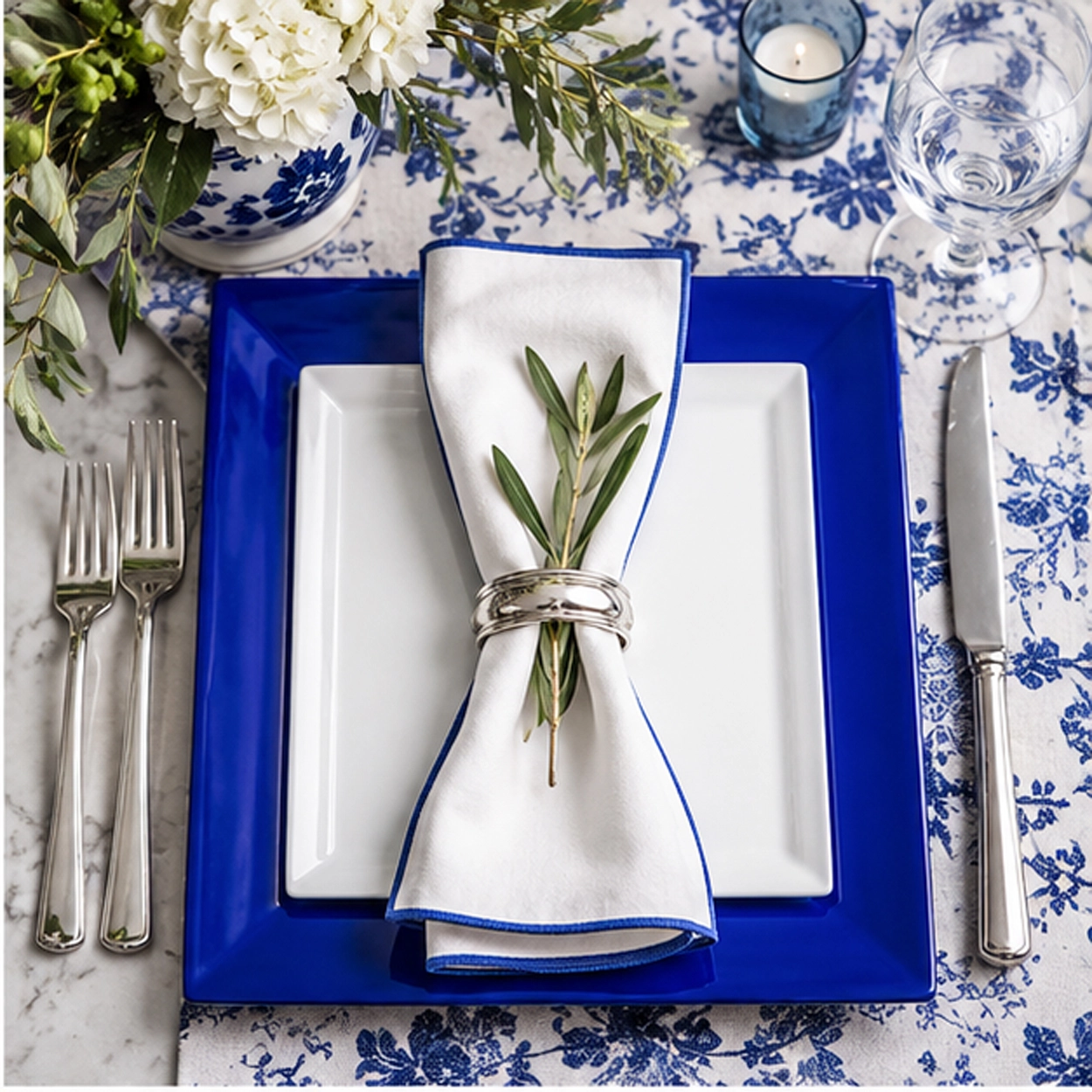 blue border charger plate in an elegant blue theme tablescape