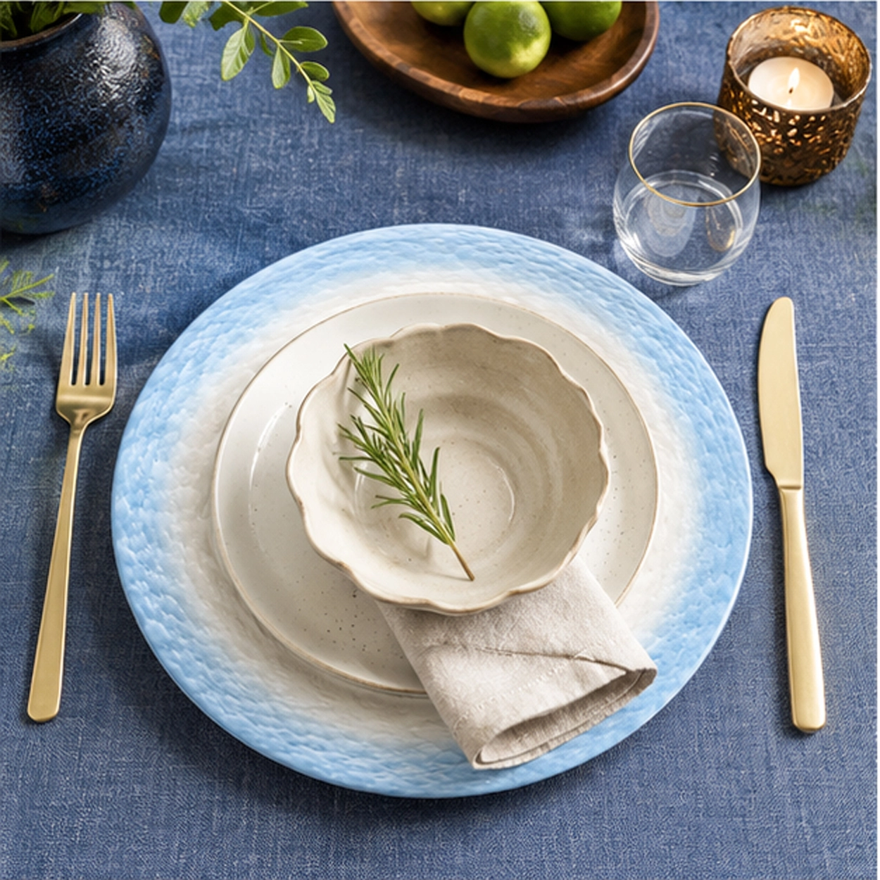 blue silver hammered in a fine dining setting