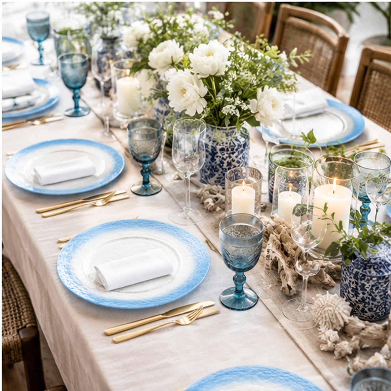 blue silver hammered in a formal event tablescape