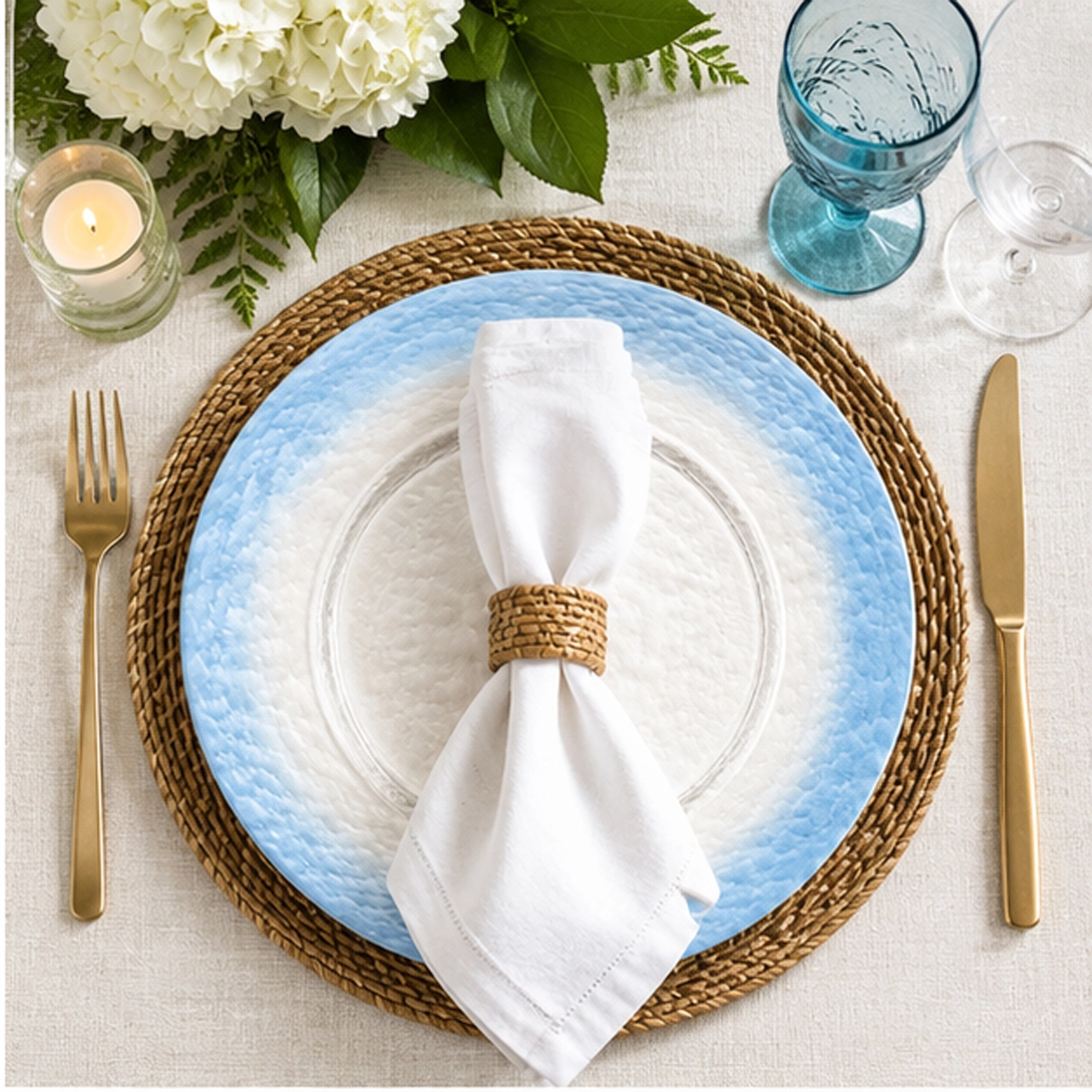 blue silver hammered in a wedding reception tablescape