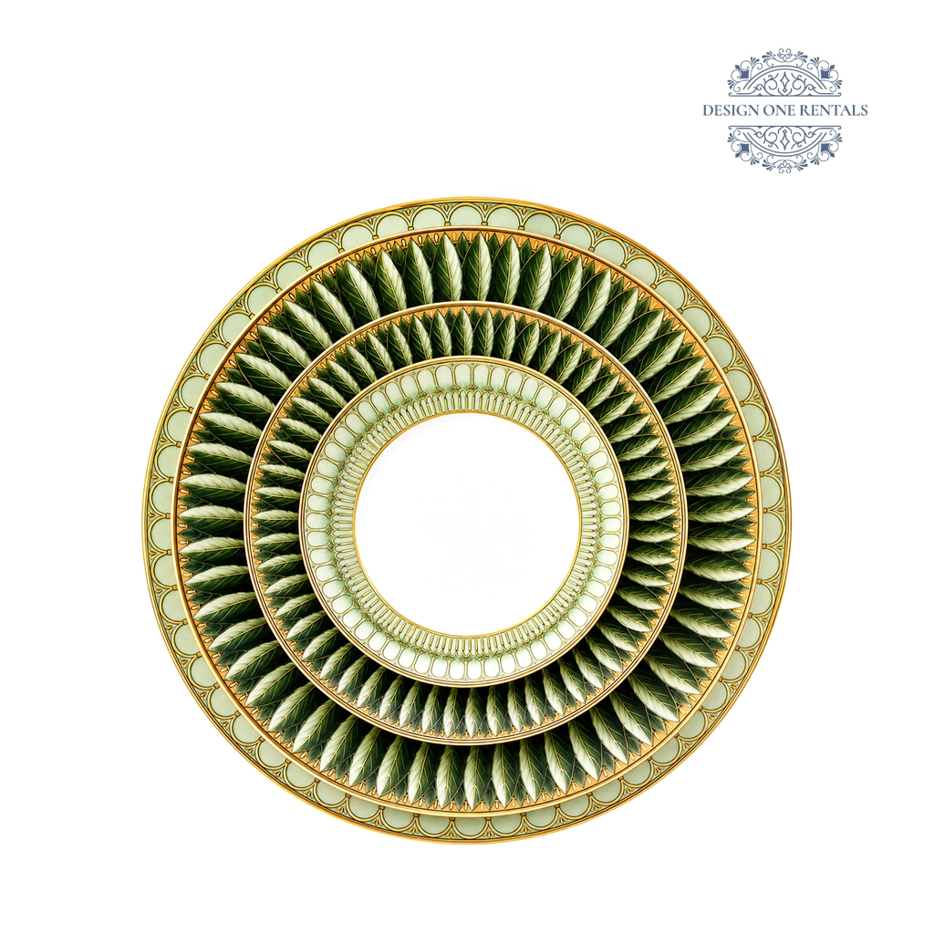 Complete The Botanical Collection plate set with layered green botanical leaf patterns, ivory detailing, and antique gold accents on a white background.