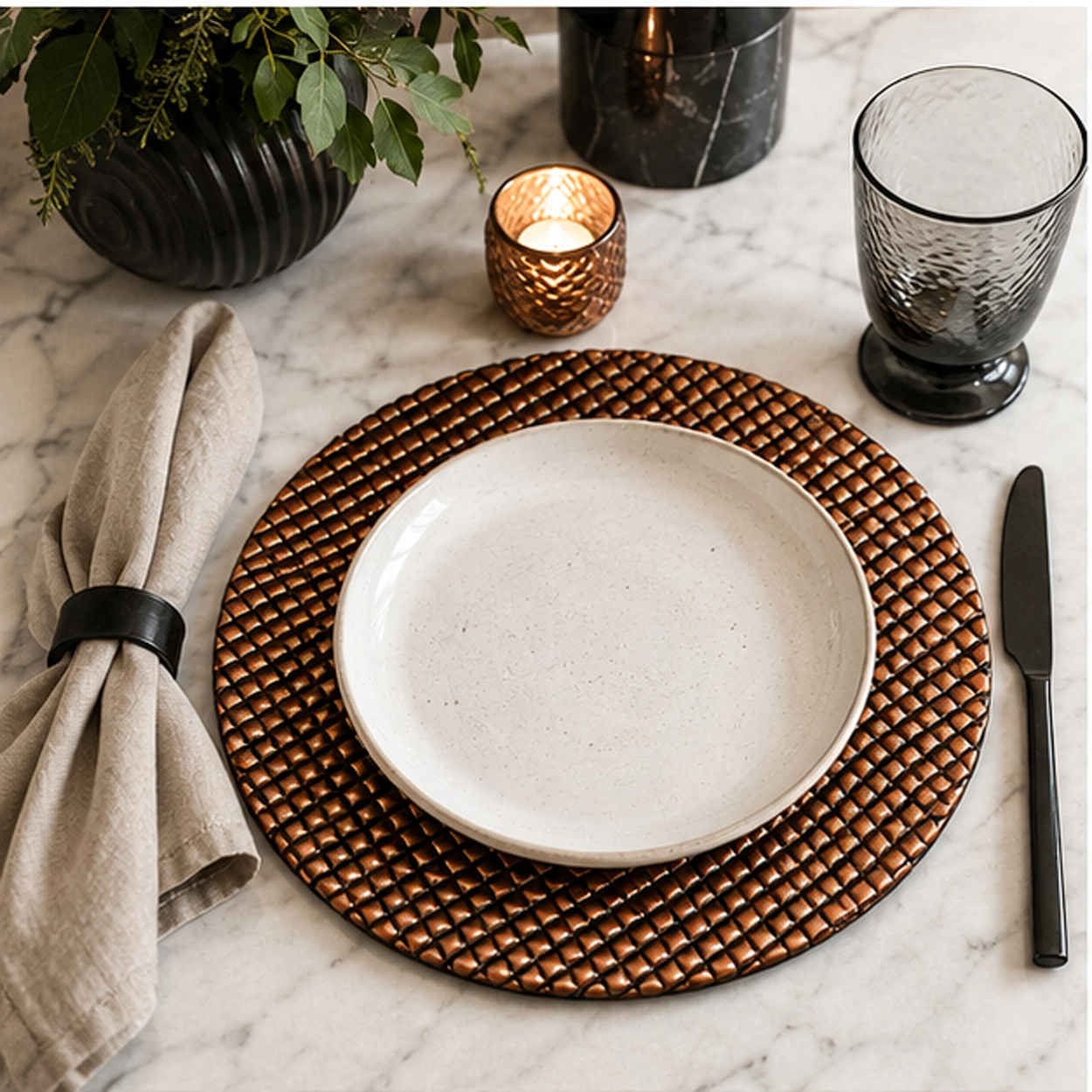 bronze bee hive charger plate in fine dining setting