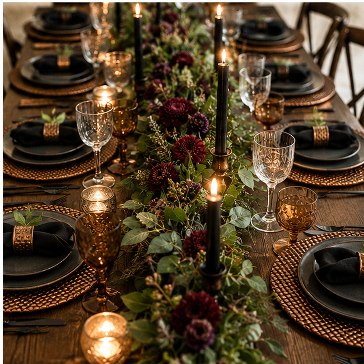 bronze bee hive charger plate in formal event tablescape