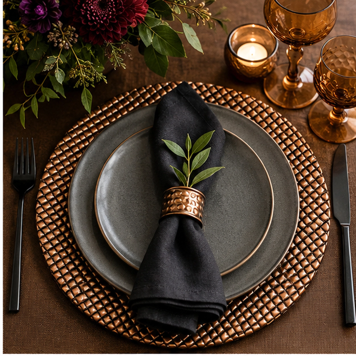 bronze bee hive charger plate in rustic table setting
