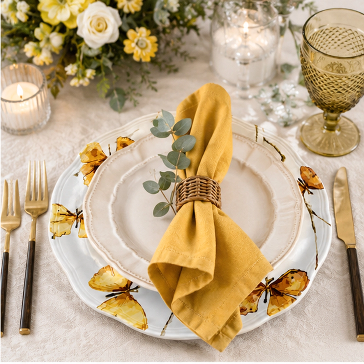 butterfly charger plate in rustic tablescape