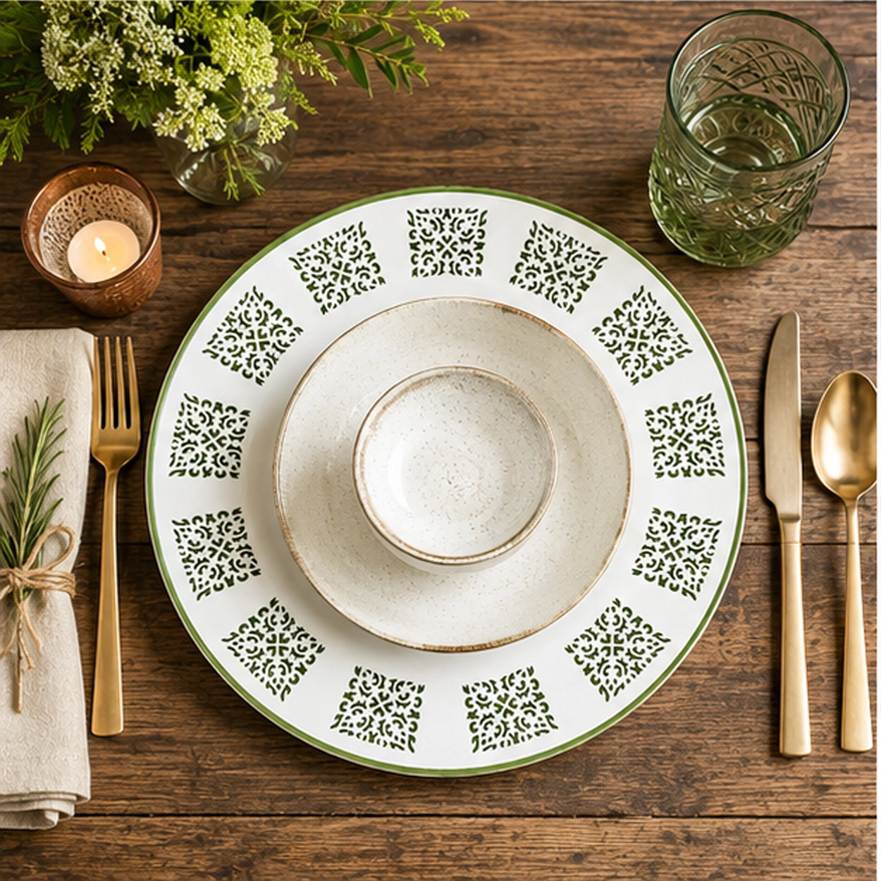 Canyon verde charger plate in a fine dining setting