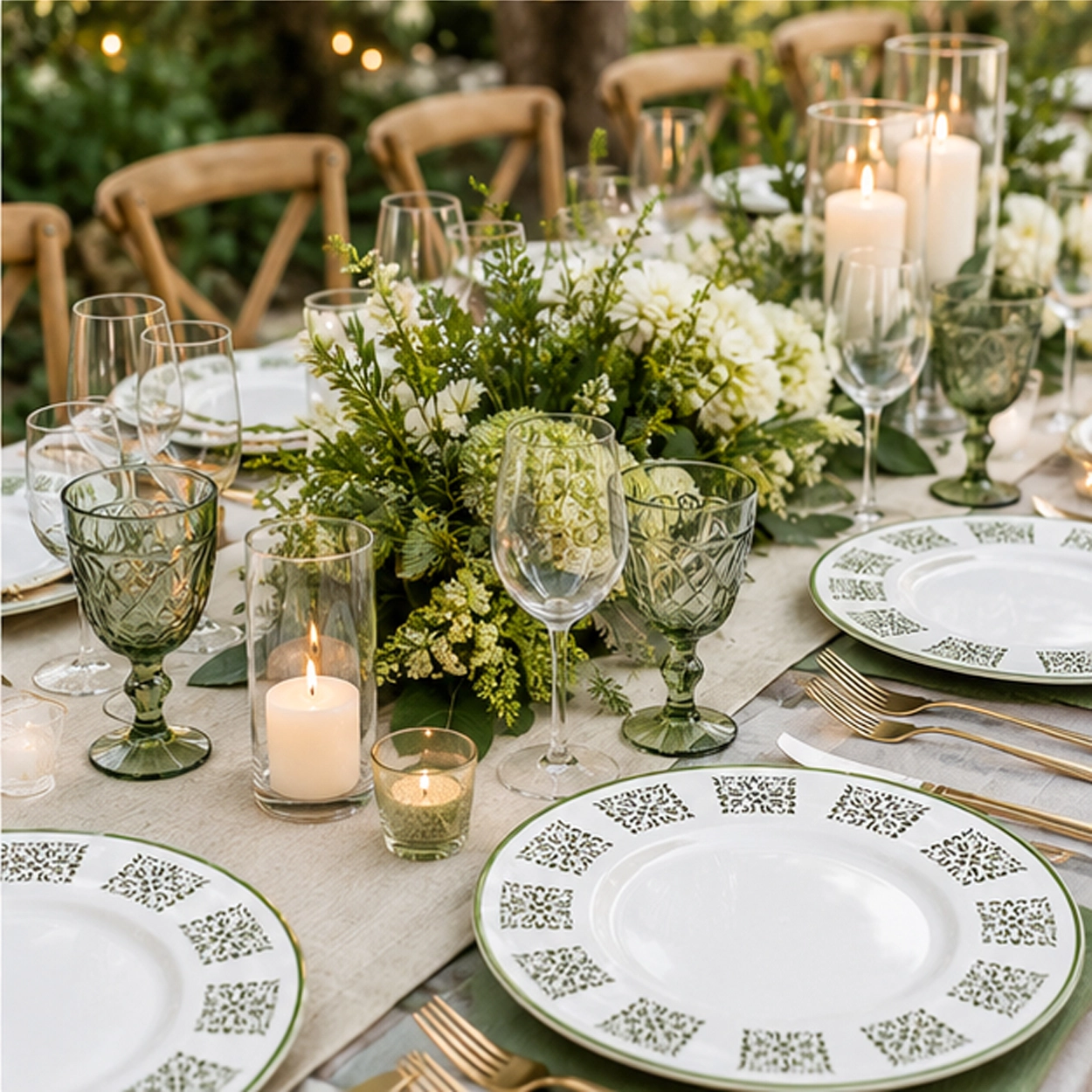 canyon-verde charger plate in formal event tablescape