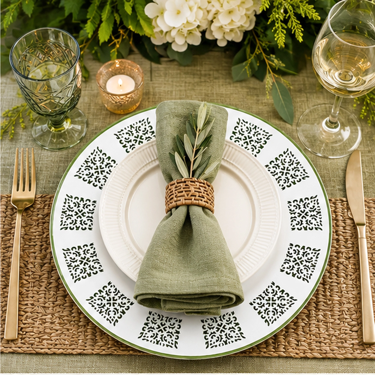 canyon-verde charger plate in wedding reception tablescape