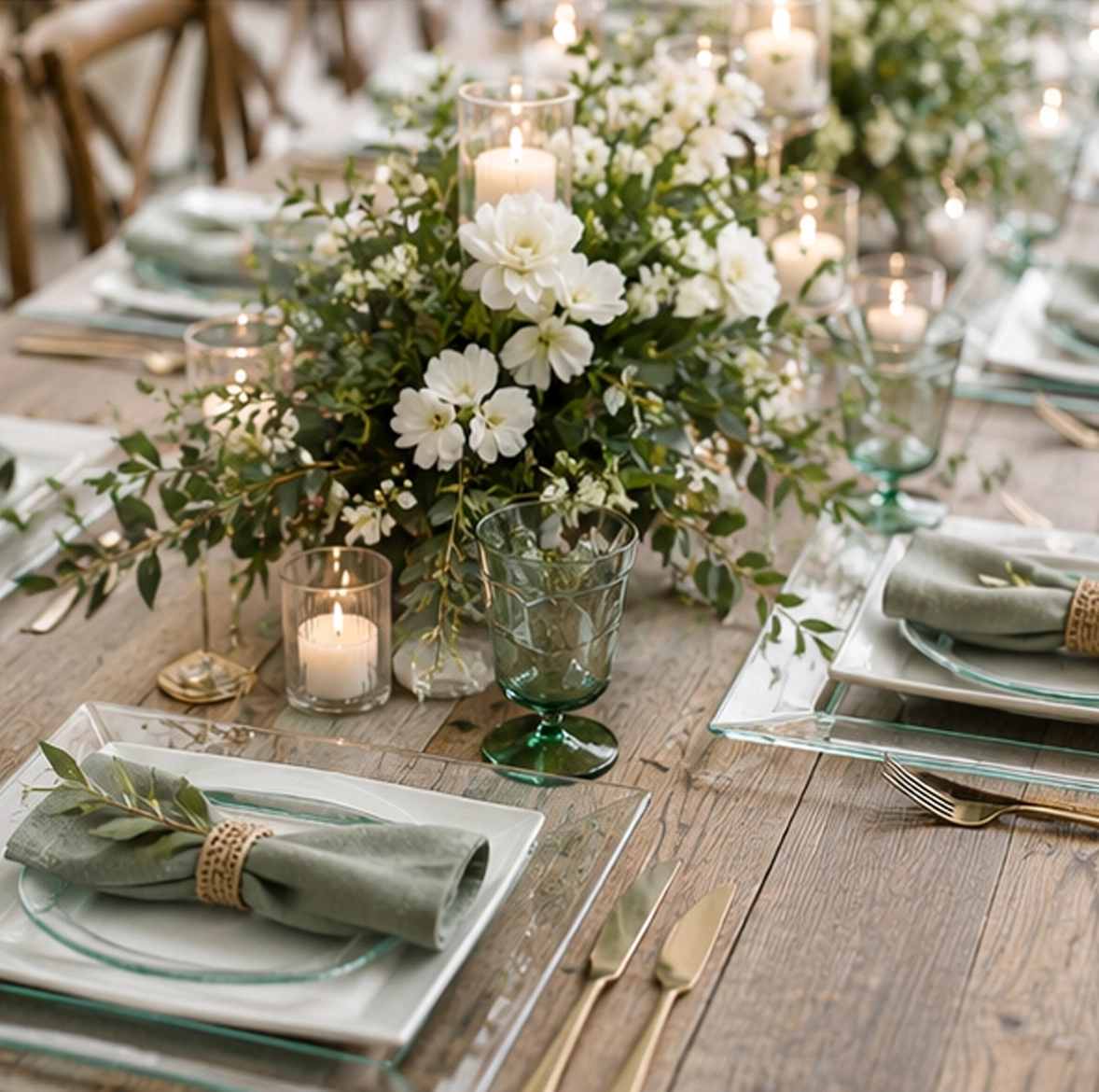 Clear frost charger plate in formal event tablescape
