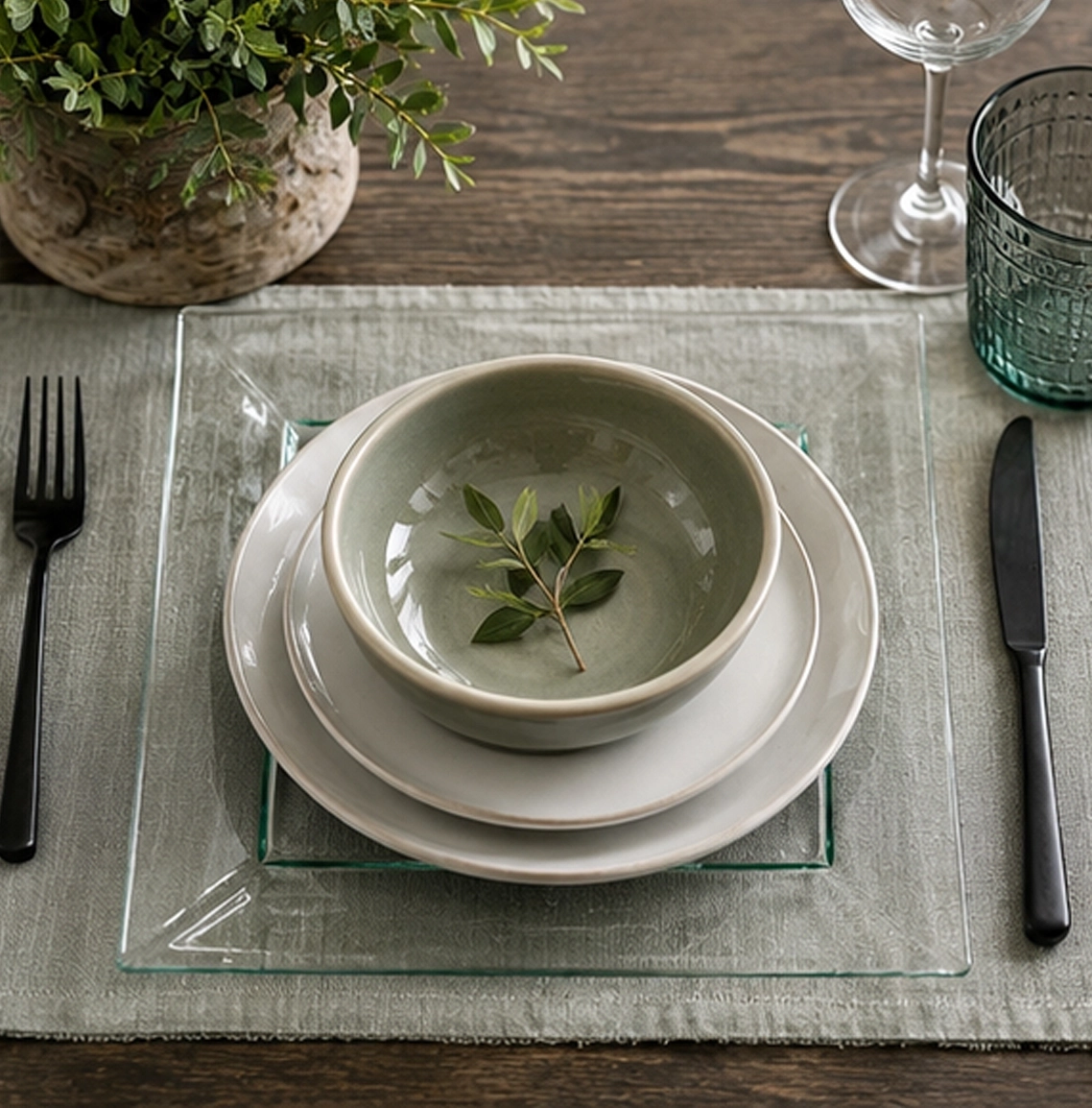 Clear frost charger plate in rustic tablescape
