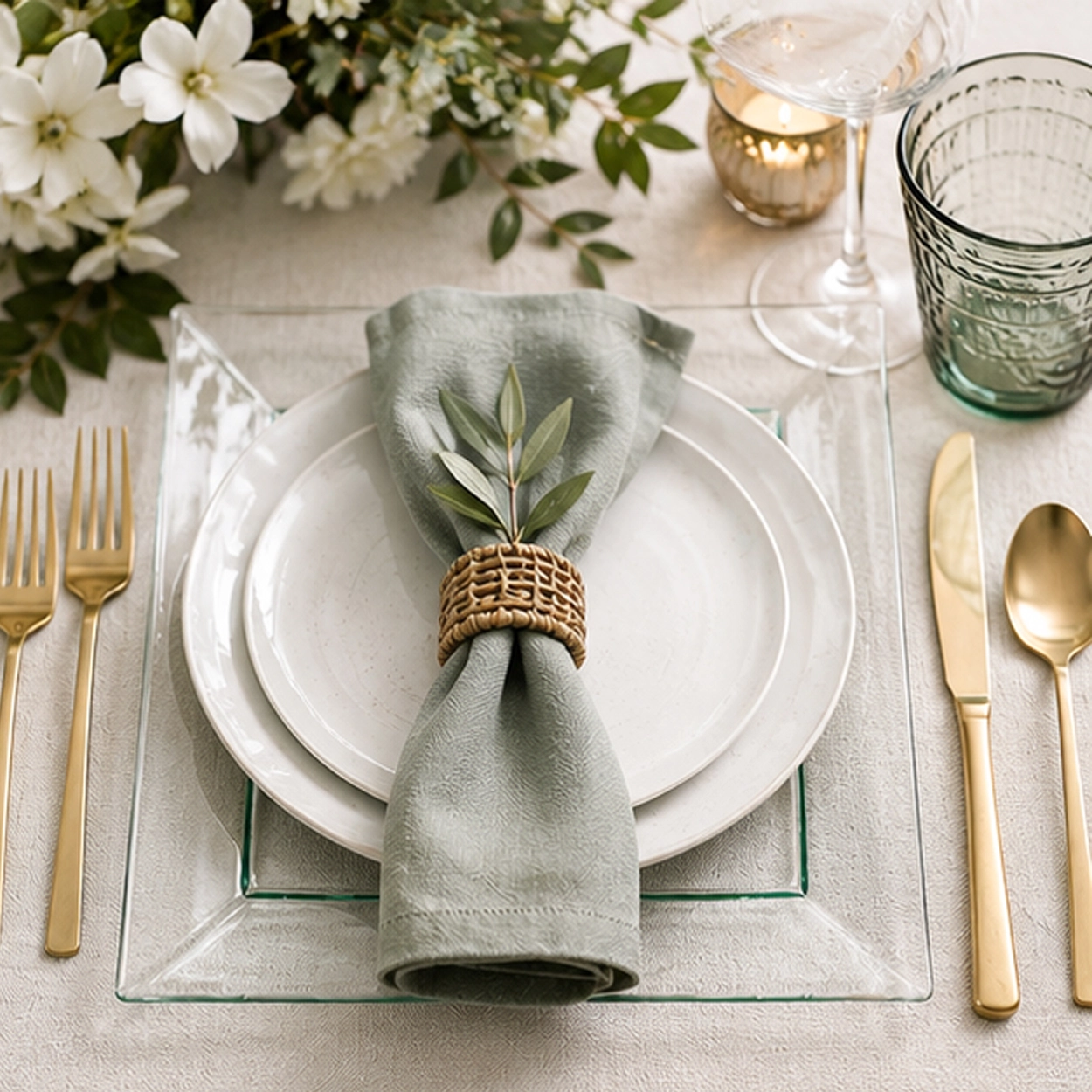 Clear frost charger plate in wedding reception tablescape