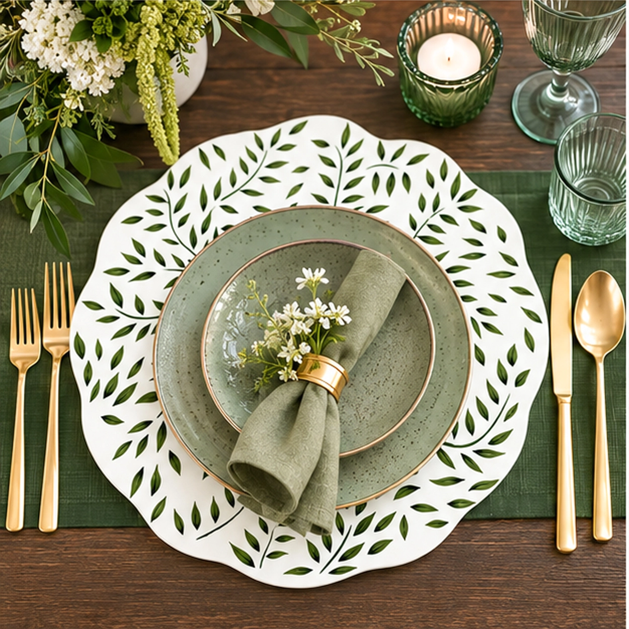 codi leaf sage green charger plate in a fine dining setting