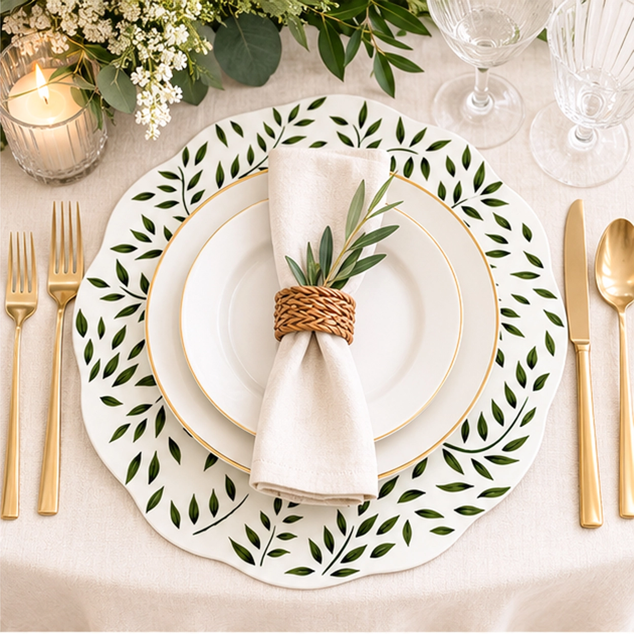 codi leaf sage green charger plate in a wedding reception tablescape