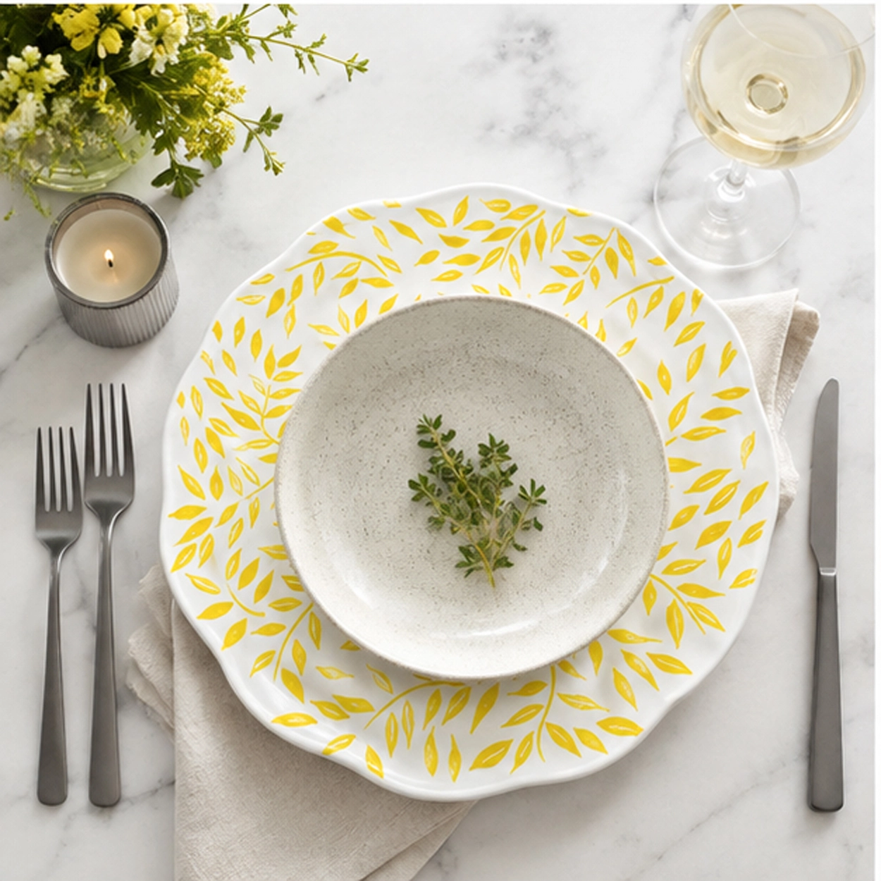 codi leaf yellow charger plate in fine dining setting