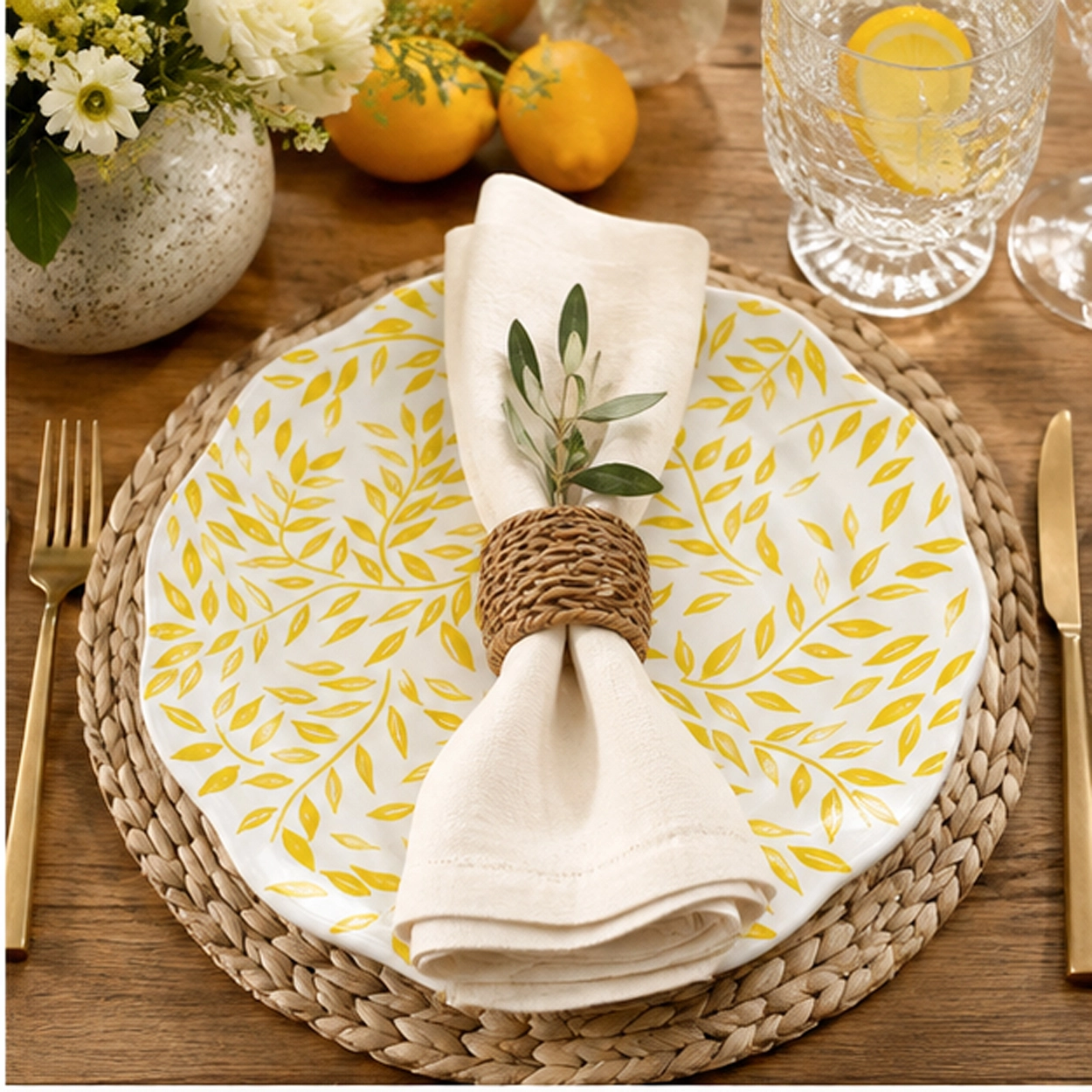 codi leaf yellow charger plate in rustic table setting
