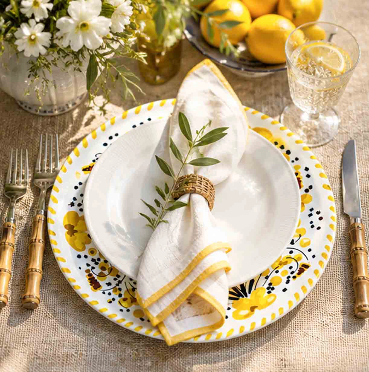codi yellow charger plate in rustic tablescape