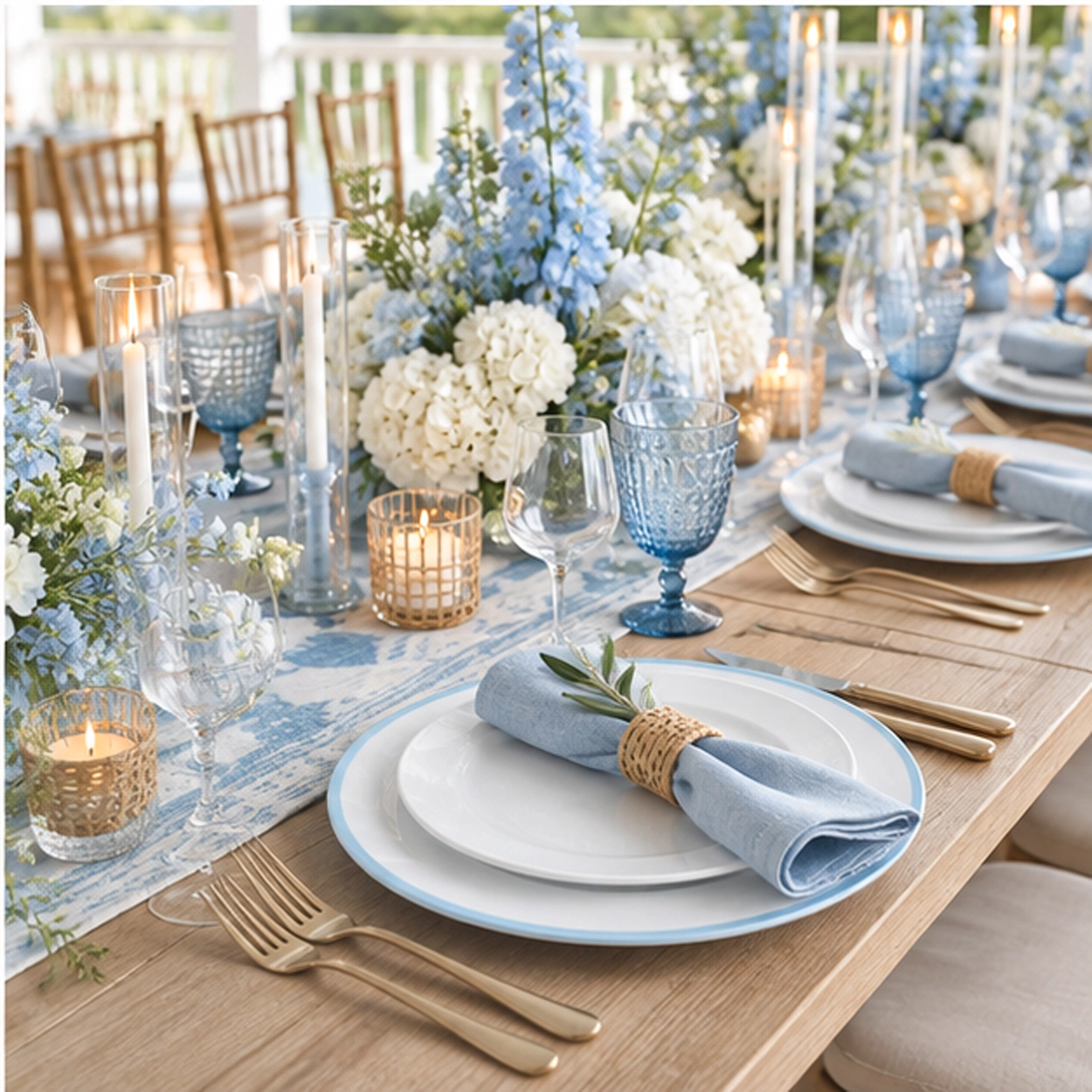 edge light blue charger plate in formal event tablescape