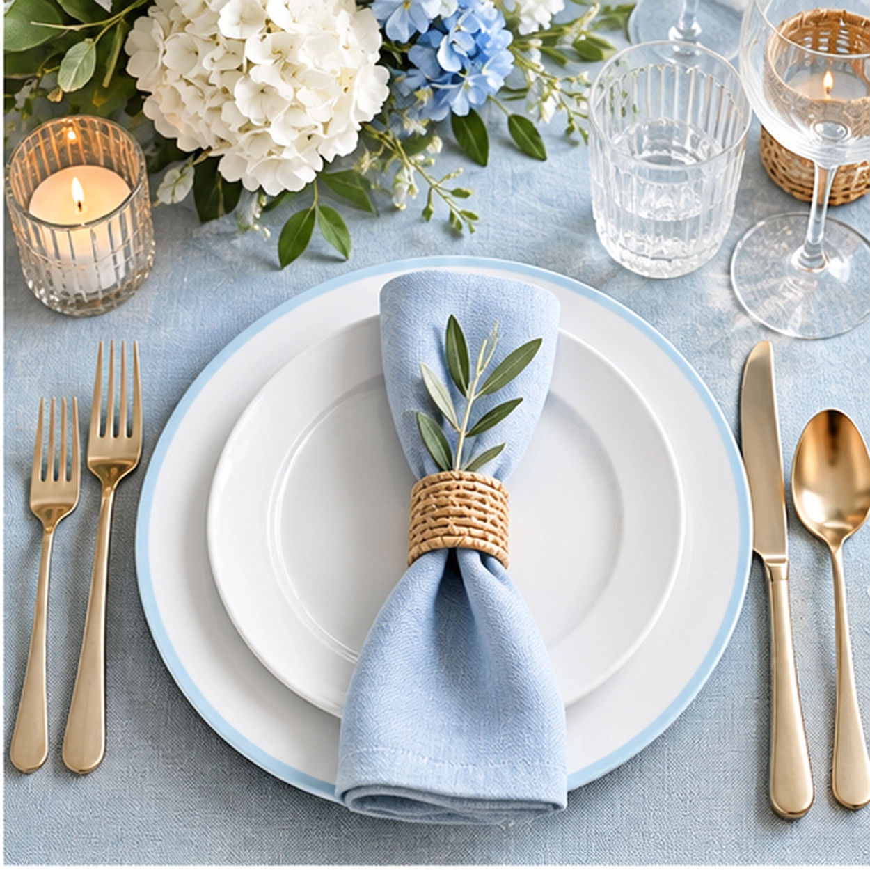 edge light blue charger plate in a fine dining setting