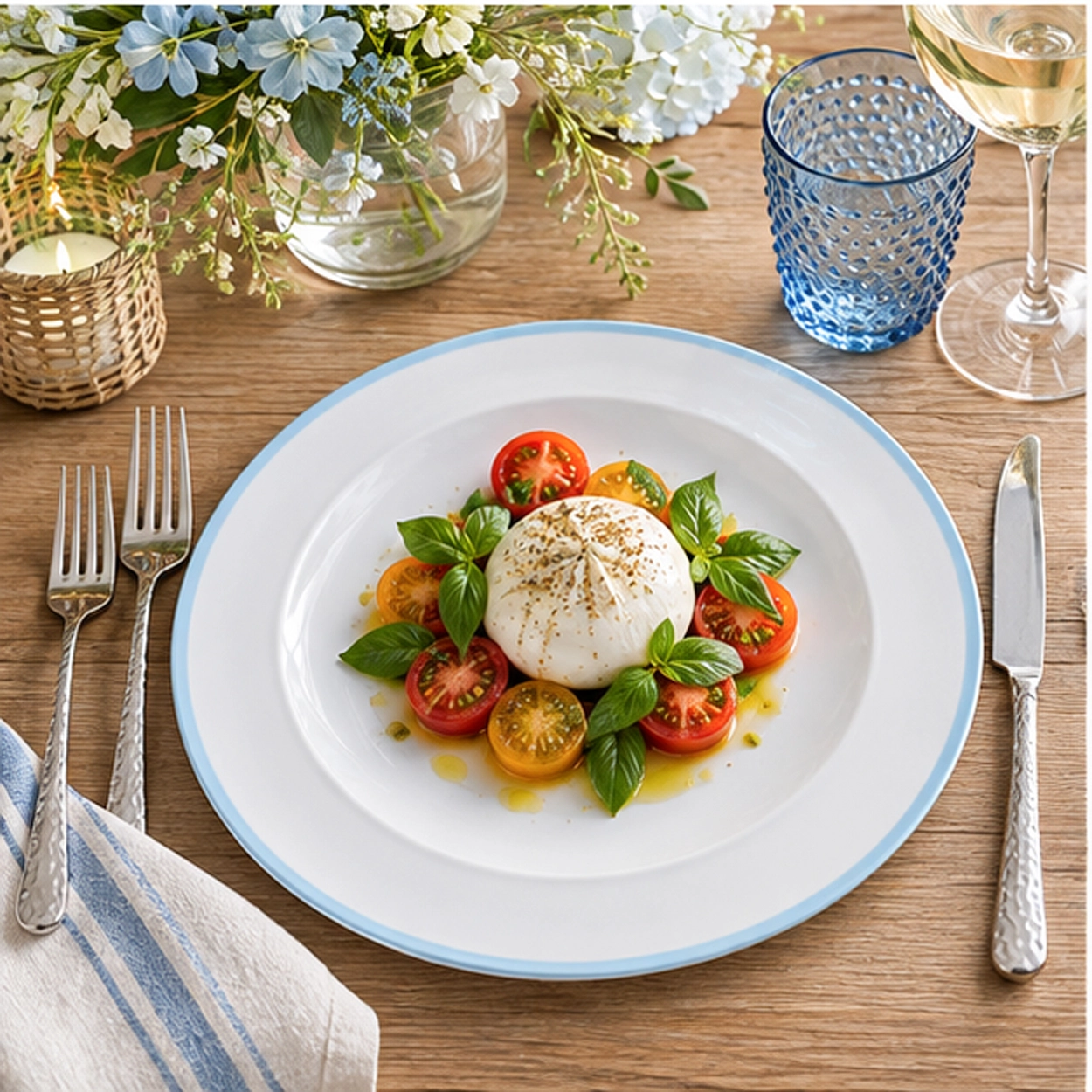 edge light blue charger plate in a fine dining setting