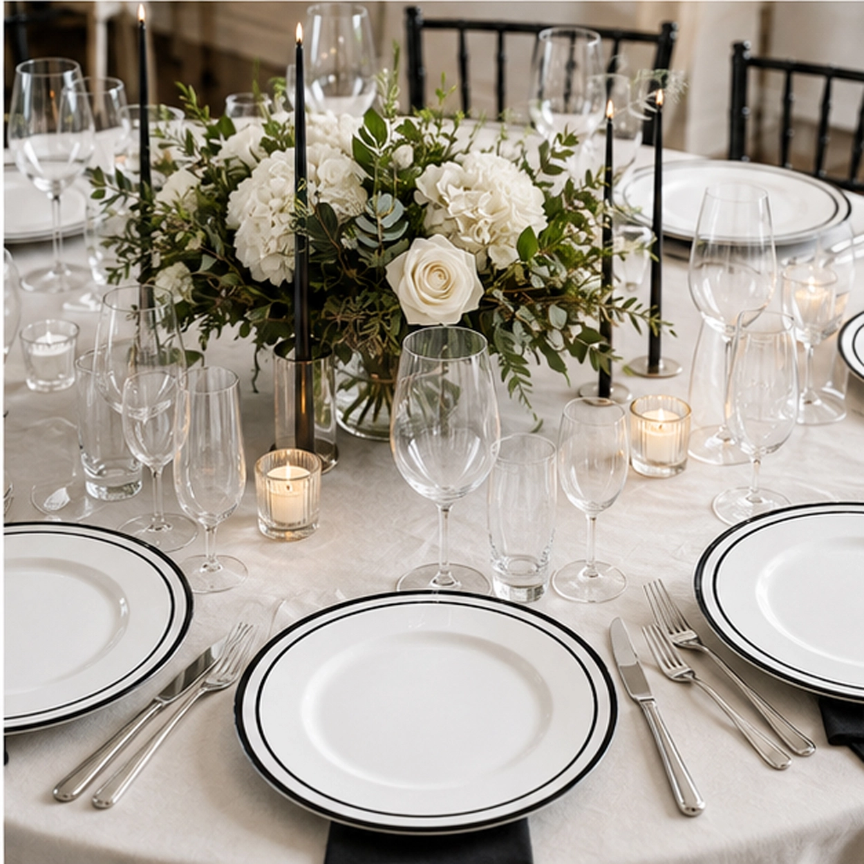 edge nero charger plate in formal event tablescape