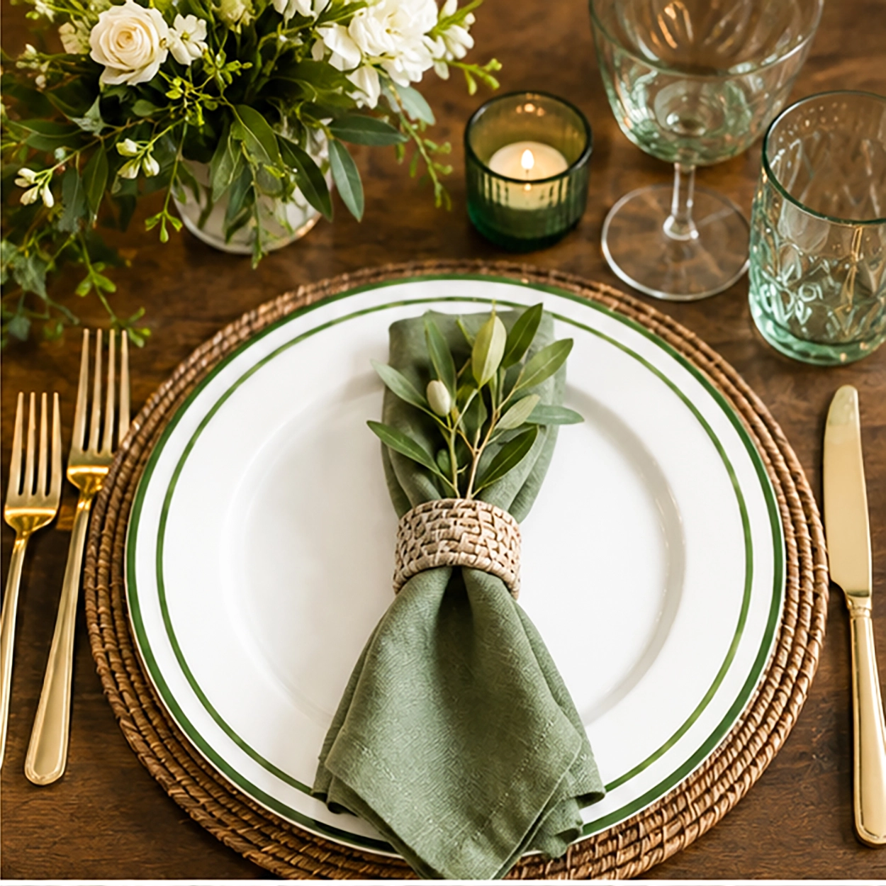 edge verde charger plate in a wedding reception tablescape