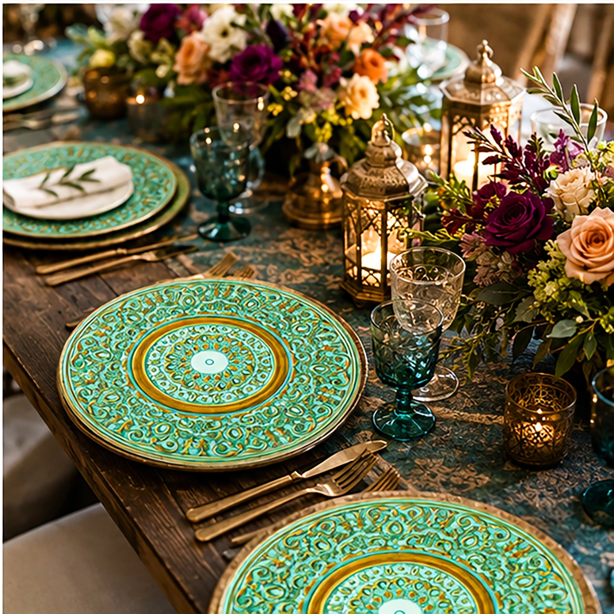 Egyptian verde charger plate in a formal event tablescape