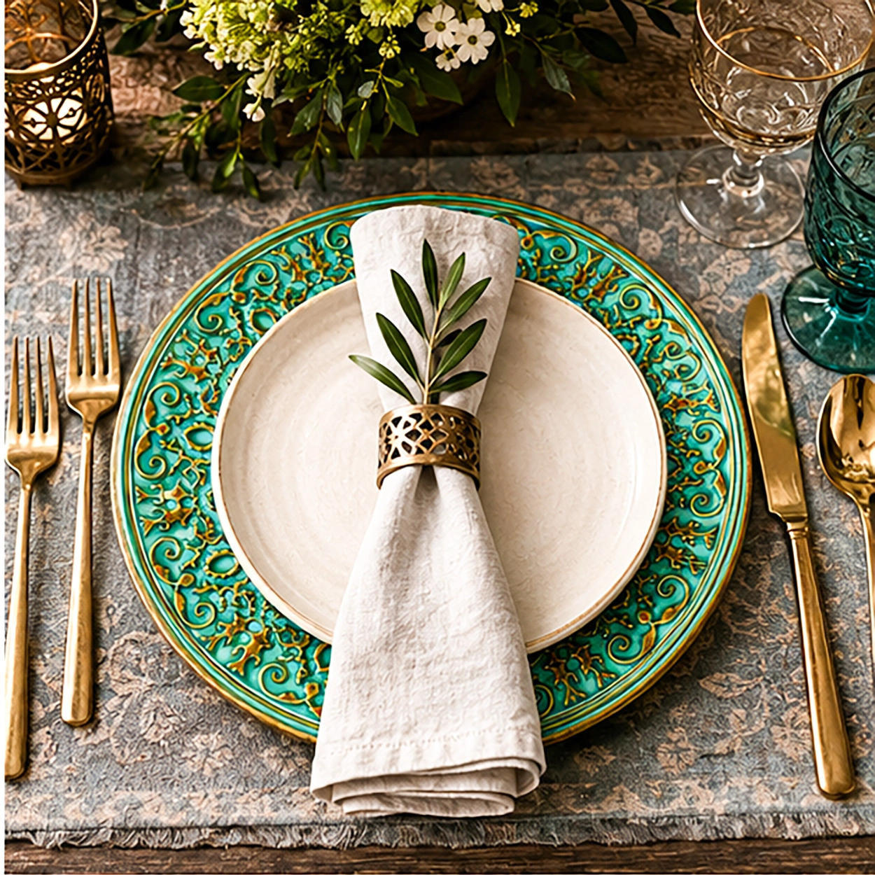 Egyptian verde charger plate in a wedding reception tablescape