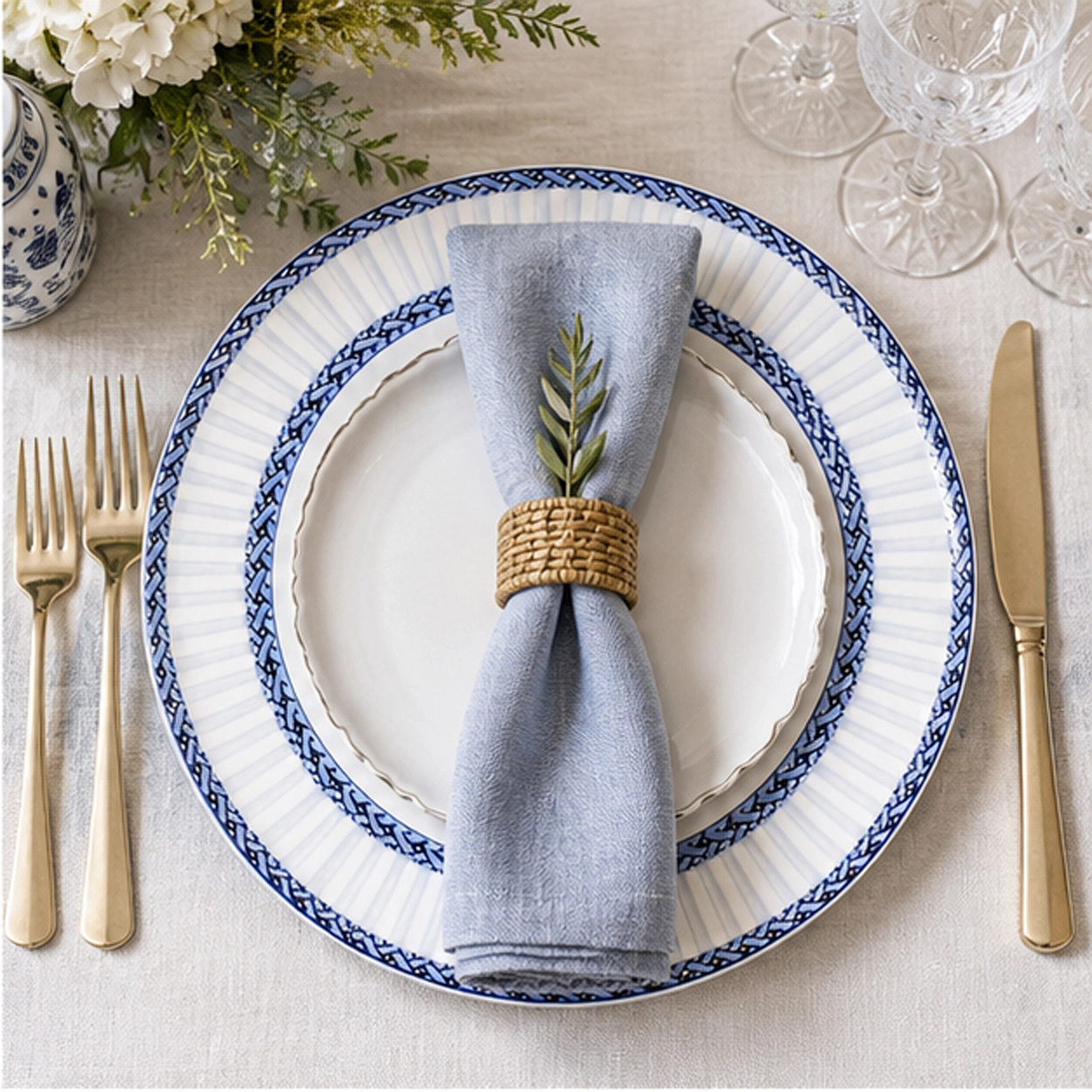 Firenze blue charger plate in an elegant table setting