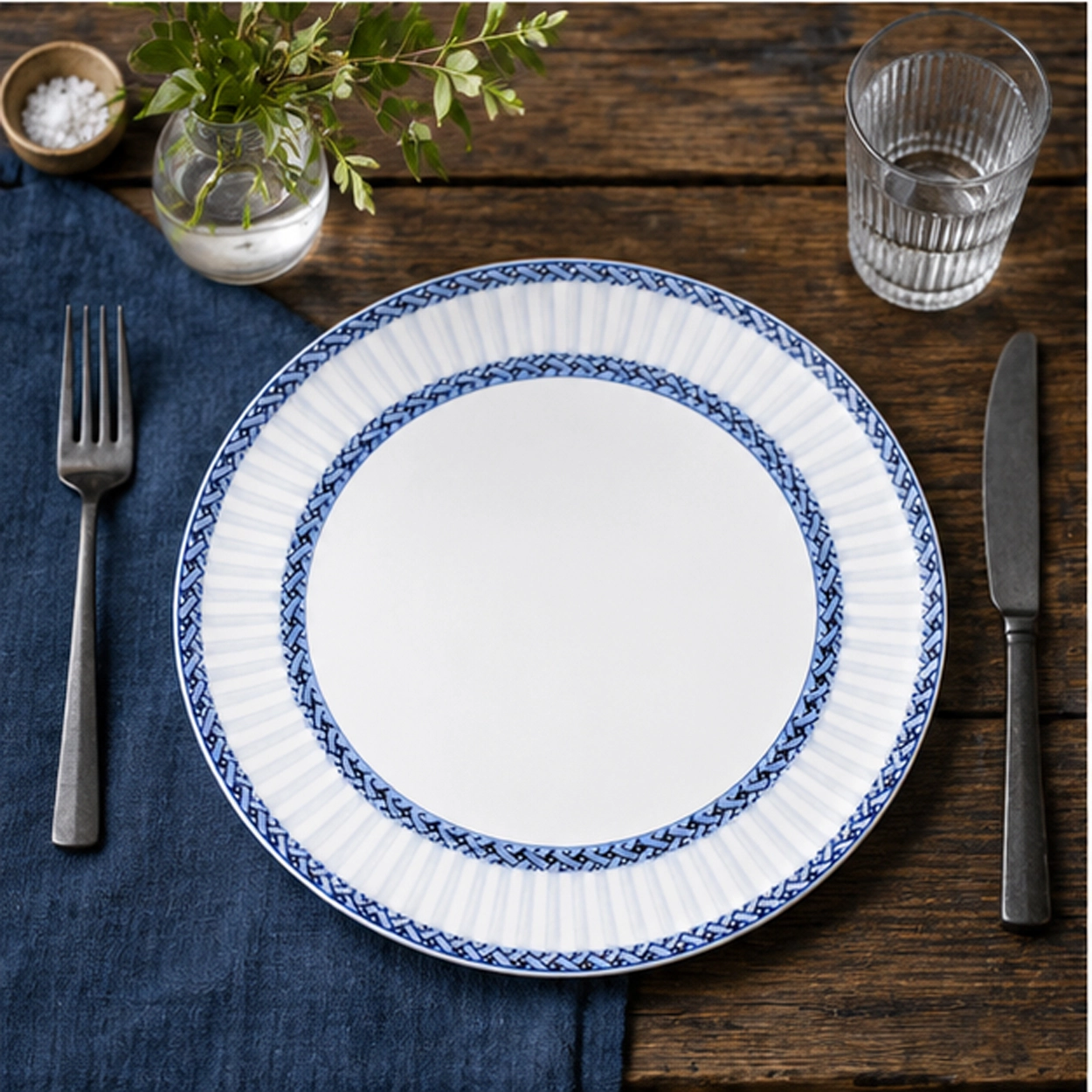 Firenze blue charger plate in a rustic table setting