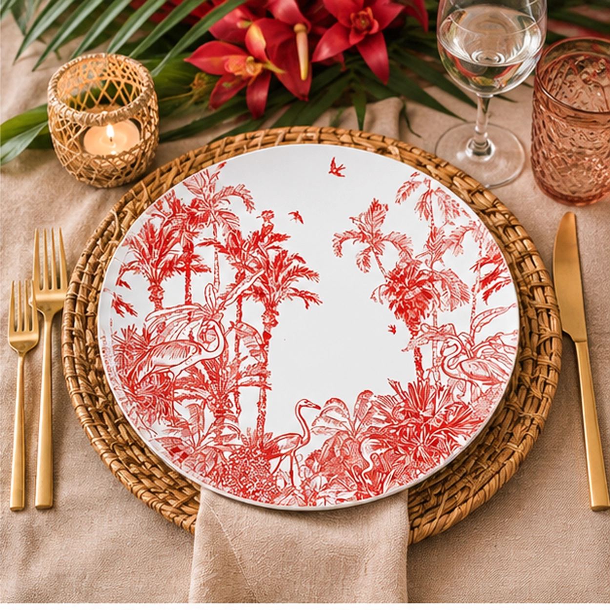 flamingo charger plate in a fine dining setting