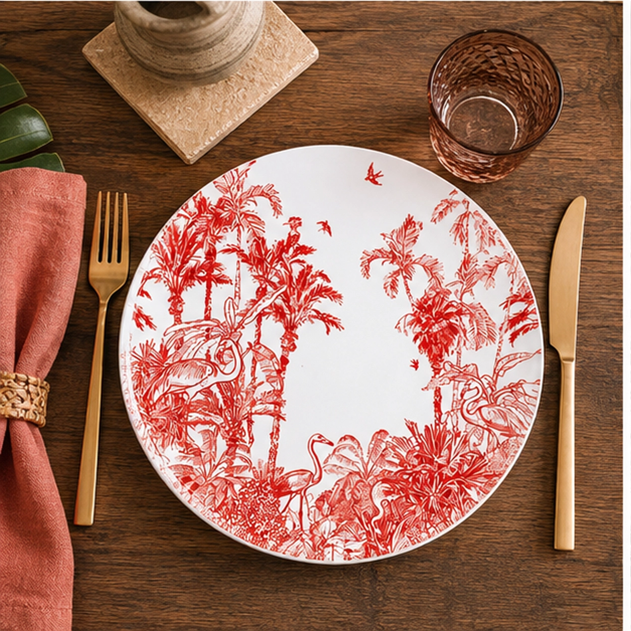 flamingo charger plate in rustic tablescape