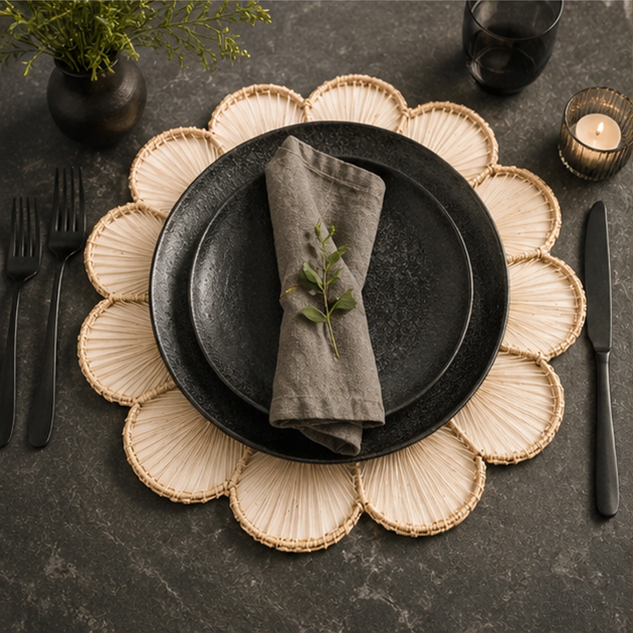 flori natural charger plate in in black marble table setting