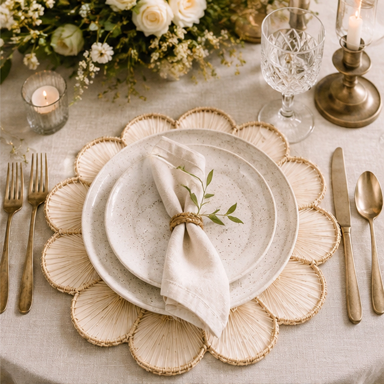 flori natural charger plate in wedding reception tablescape