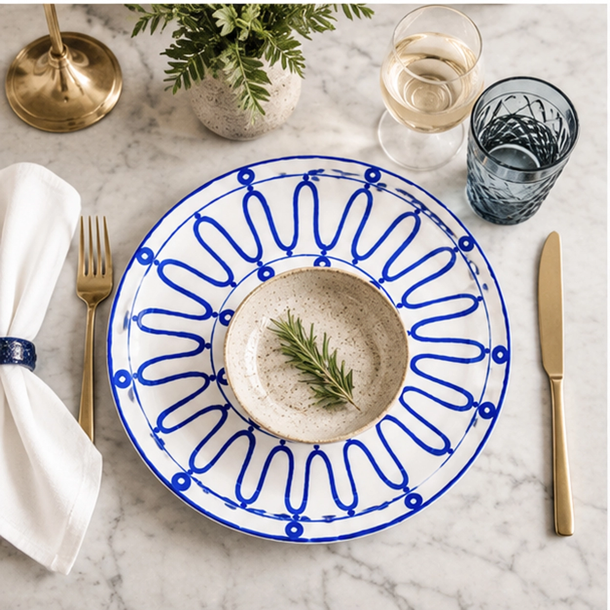 frenchie blue charger plate in a fine dining setting