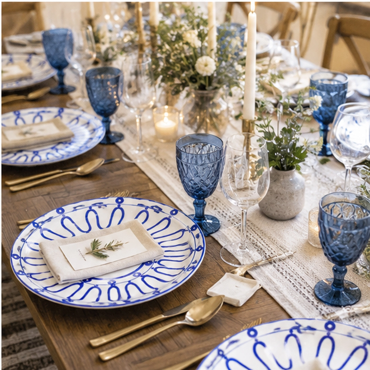 frenchie blue charger plate in a formal event tablescape