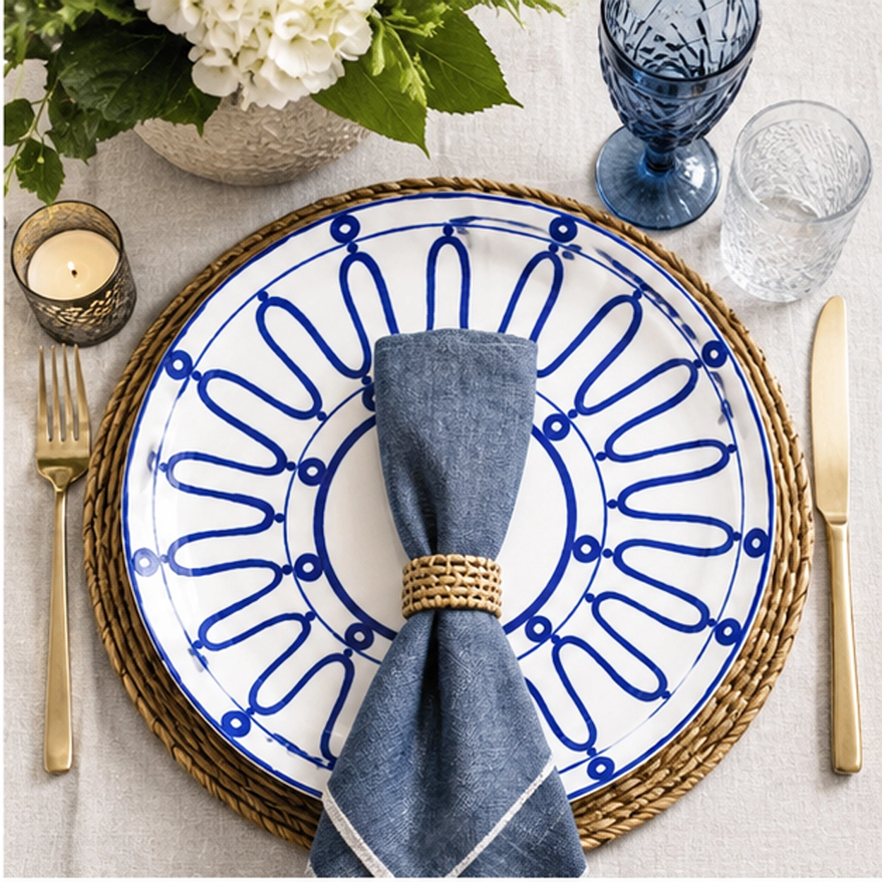 frenchie blue charger plate in a wedding reception tablescape