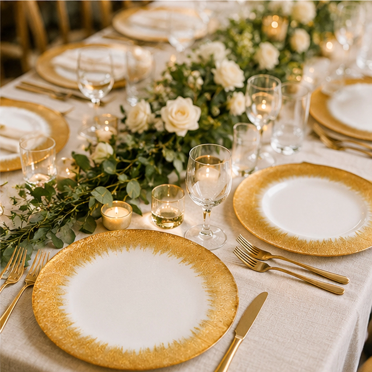 frost gold charger plate in formal event tablescape