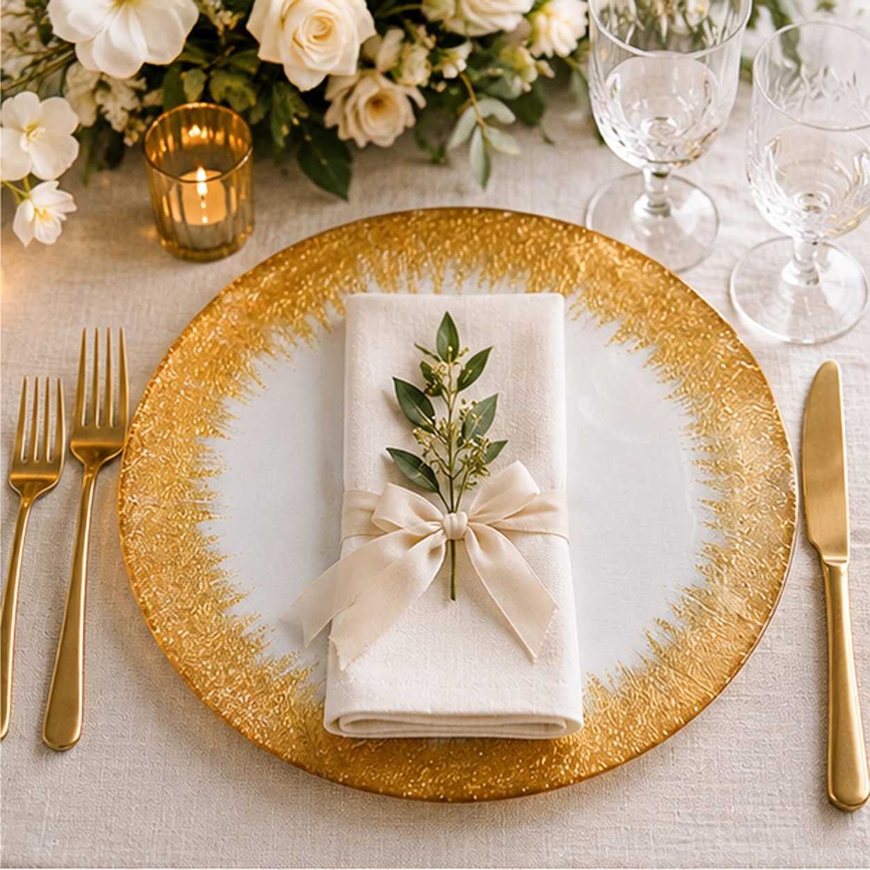 frost gold charger plate in wedding reception tablescape