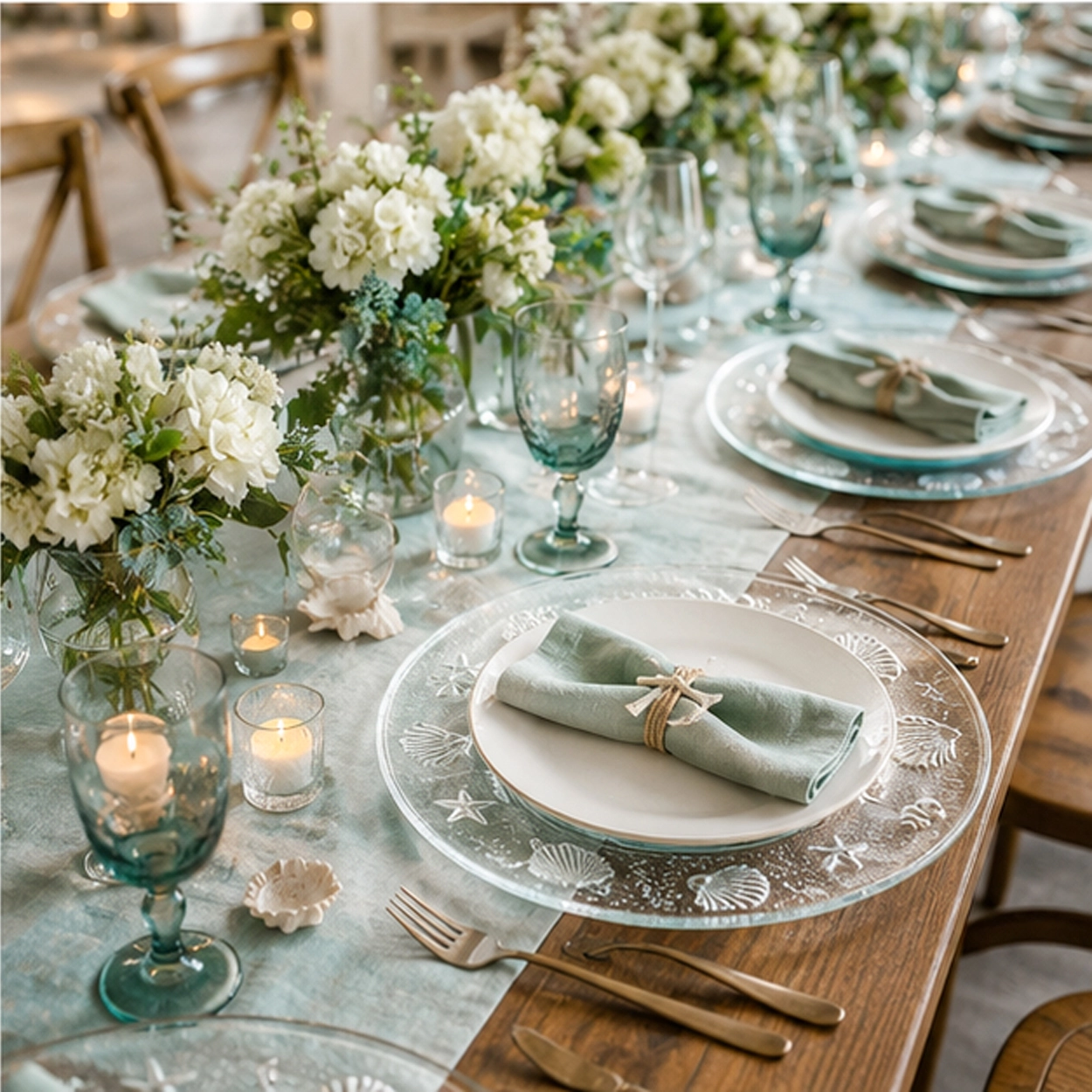 Frosted fossil charger plate in formal event tablescape